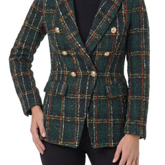 Wilhelmina Women's Double-Breasted Checked Blazer in dark green