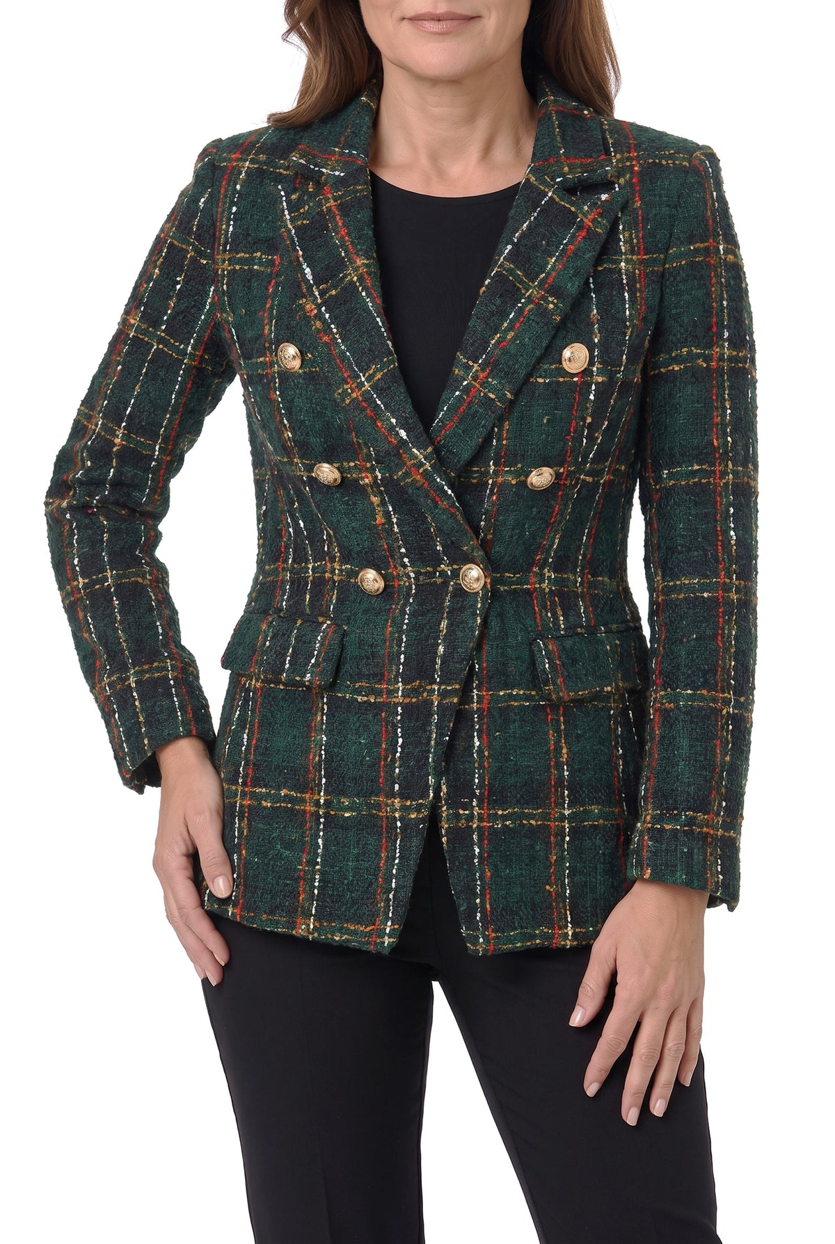 Wilhelmina Women's Double-Breasted Checked Blazer in dark green