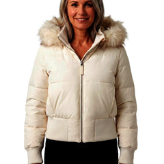 Vera Women's Cropped Quilted Hooded Jacket with Faux Fur Trim in cream