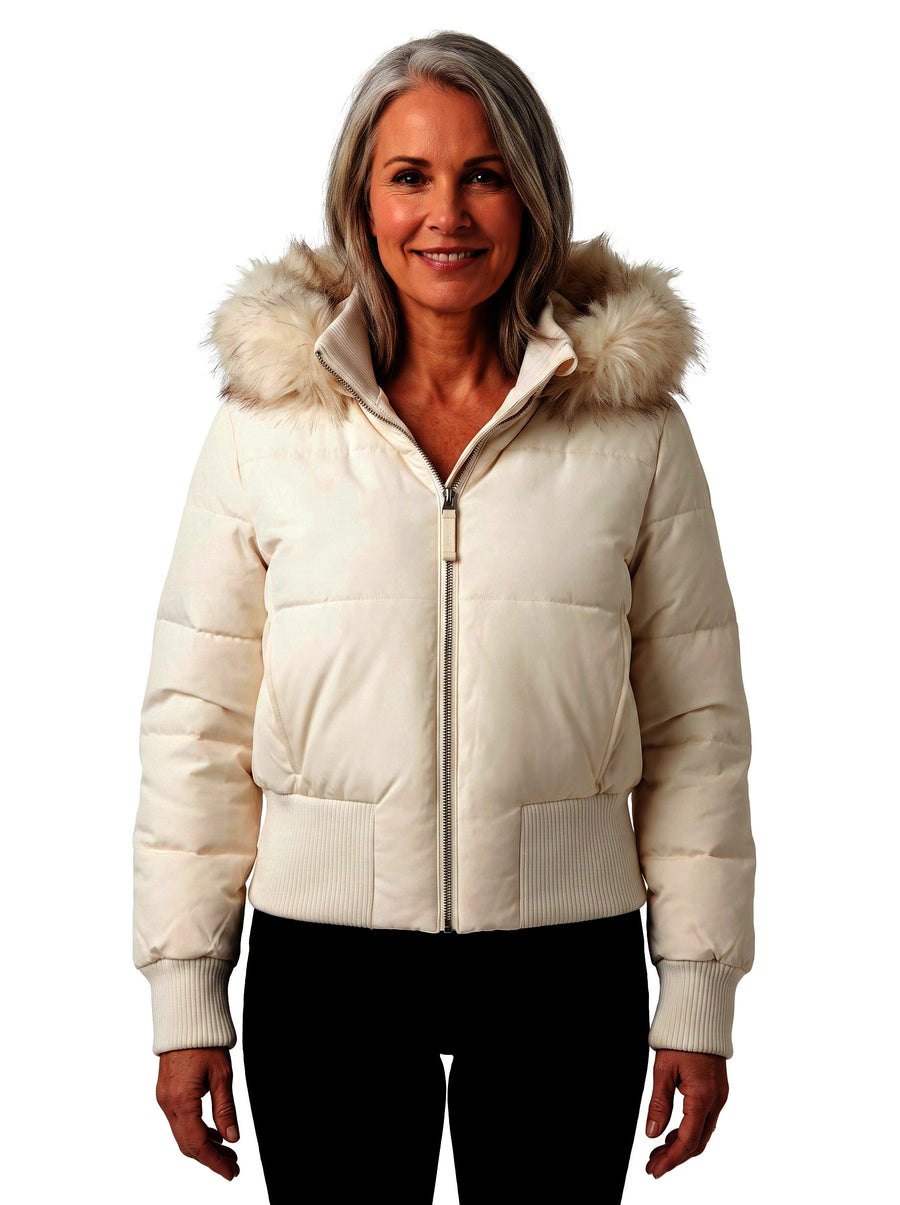 Vera Women's Cropped Quilted Hooded Jacket with Faux Fur Trim in cream