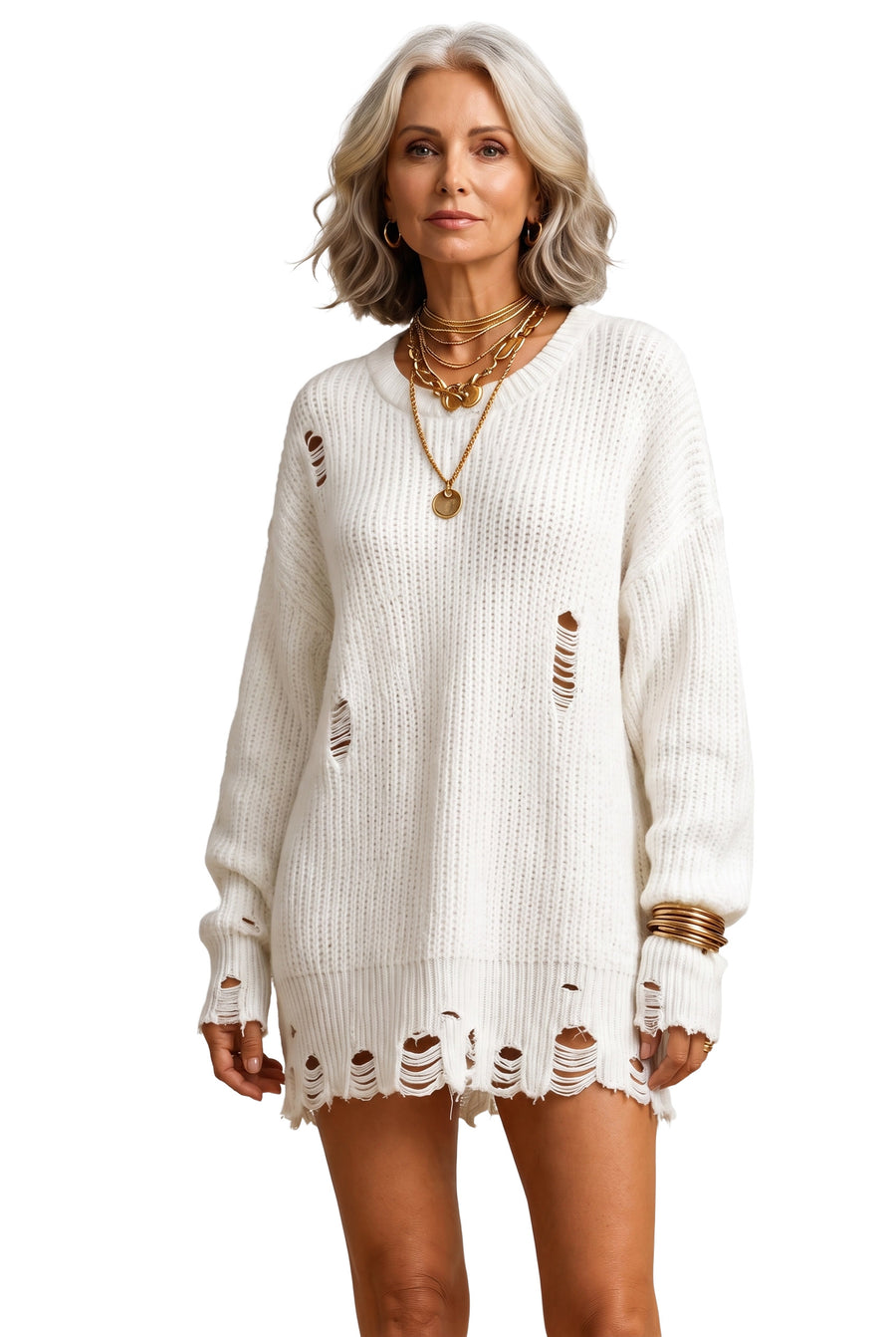 Patricia Women's Distressed Ribbed Knit Sweater Dress in white