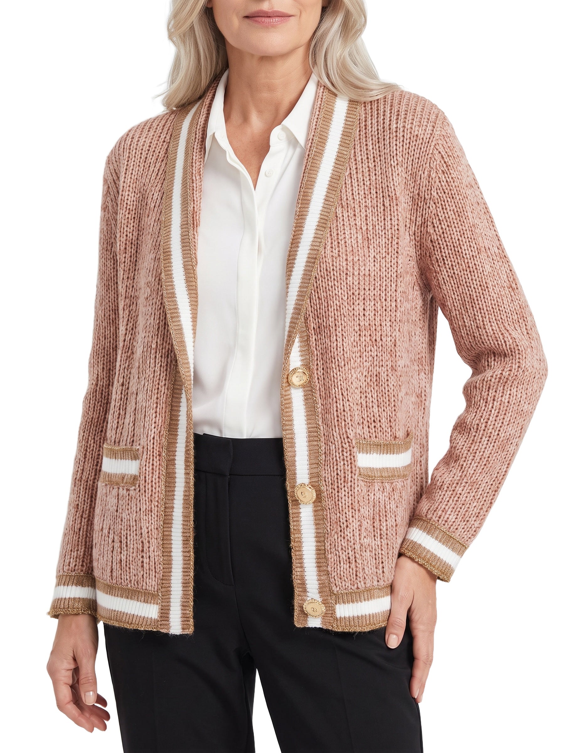 Priscilla Women's Contrast Trim Knit Cardigan in dusty pink