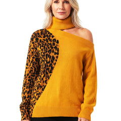 Woman wearing the Renata off-shoulder leopard contrast knit top in ochre yellow