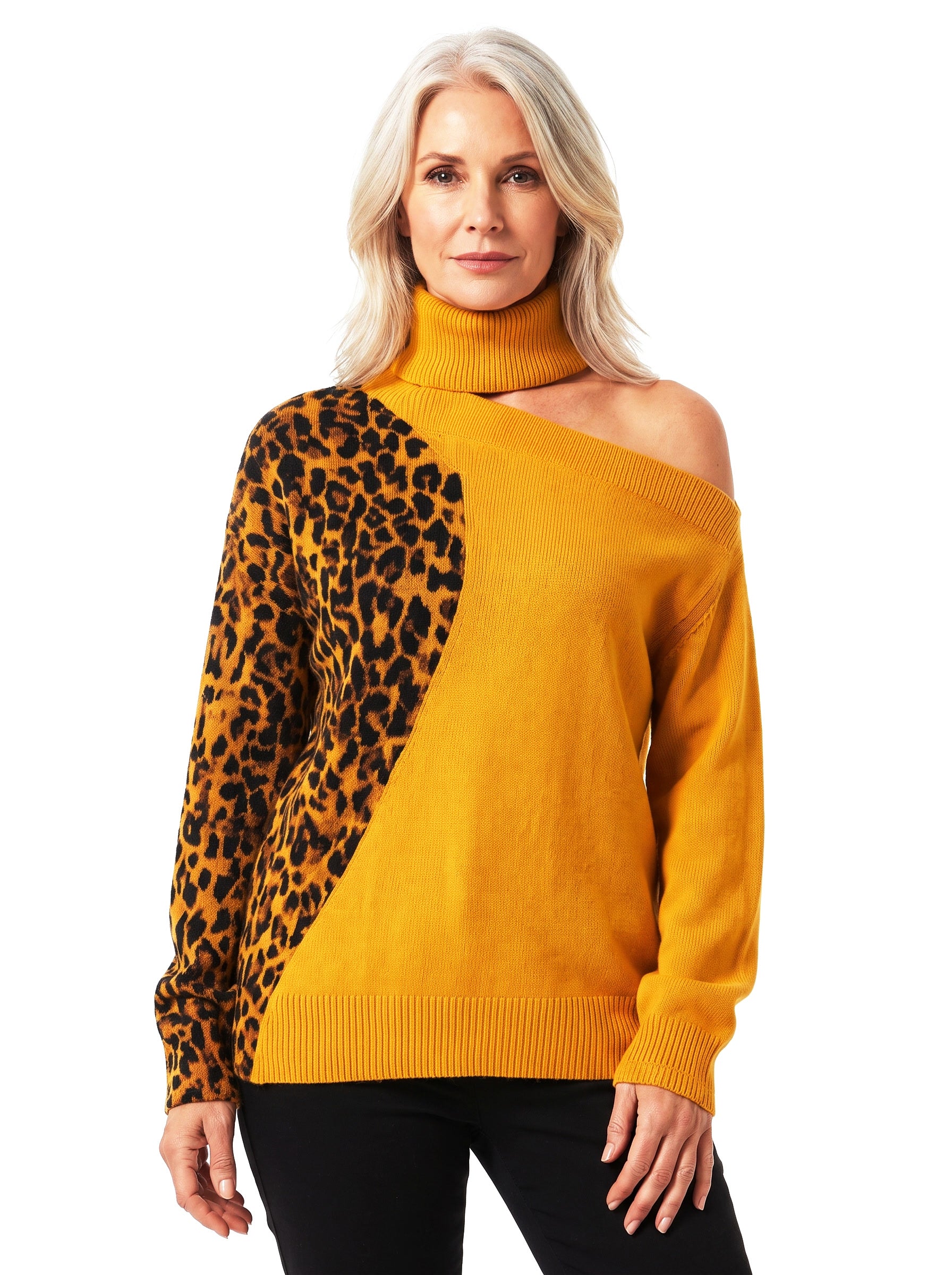 Woman wearing the Renata off-shoulder leopard contrast knit top in ochre yellow