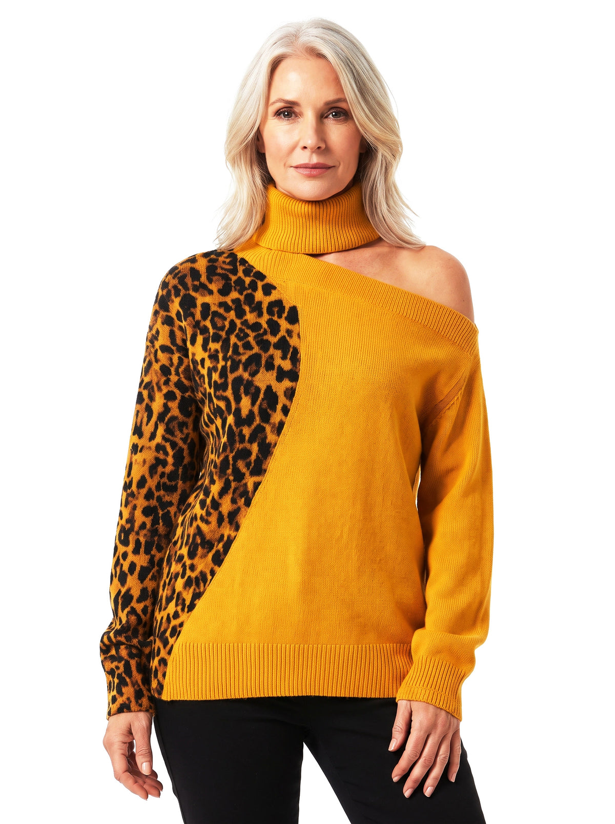Woman wearing the Renata off-shoulder leopard contrast knit top in ochre yellow