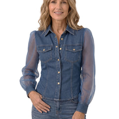 Rhea Women's Sheer Puff Sleeve Denim Shirt Dress