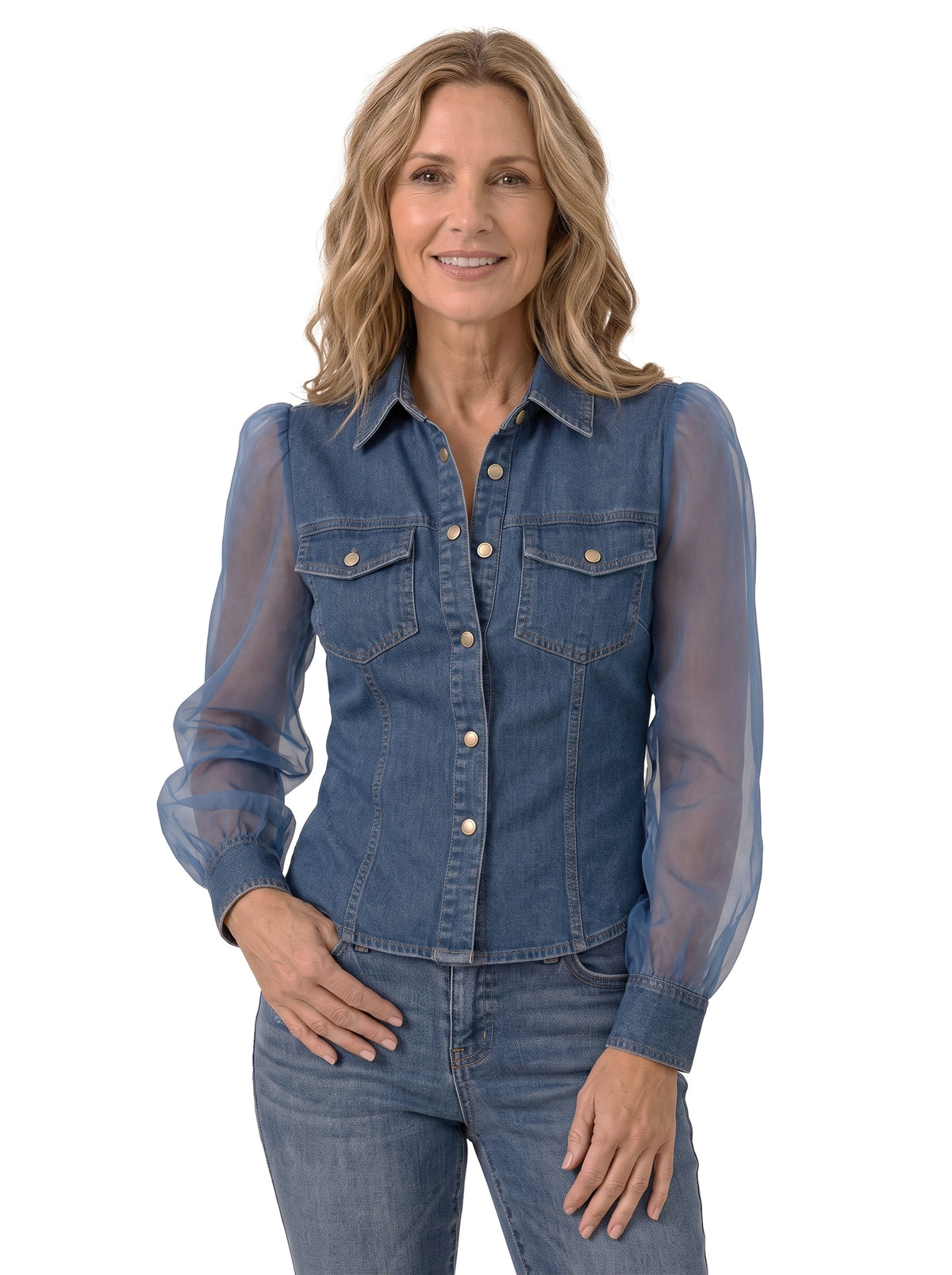 Rhea Women's Sheer Puff Sleeve Denim Shirt Dress