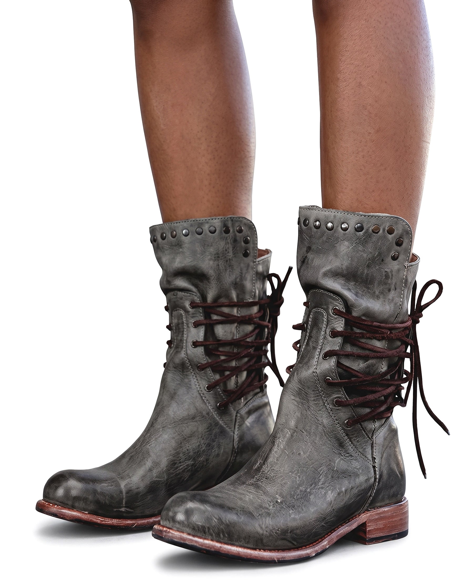 Silvia Women's Studded Lace-Up Ankle Boots in distressed grey