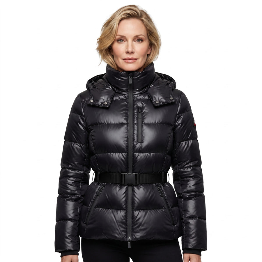 Violet Women's Belted Quilted Puffer Jacket in black, worn