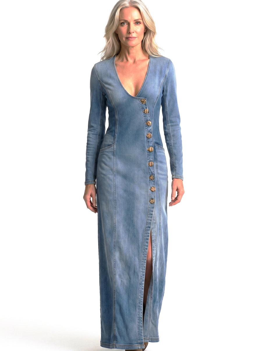 Virginia Women's Button-Front Denim Maxi Dress