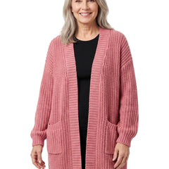 Woman wearing the Winifred oversized chunky knit cardigan in dusty pink