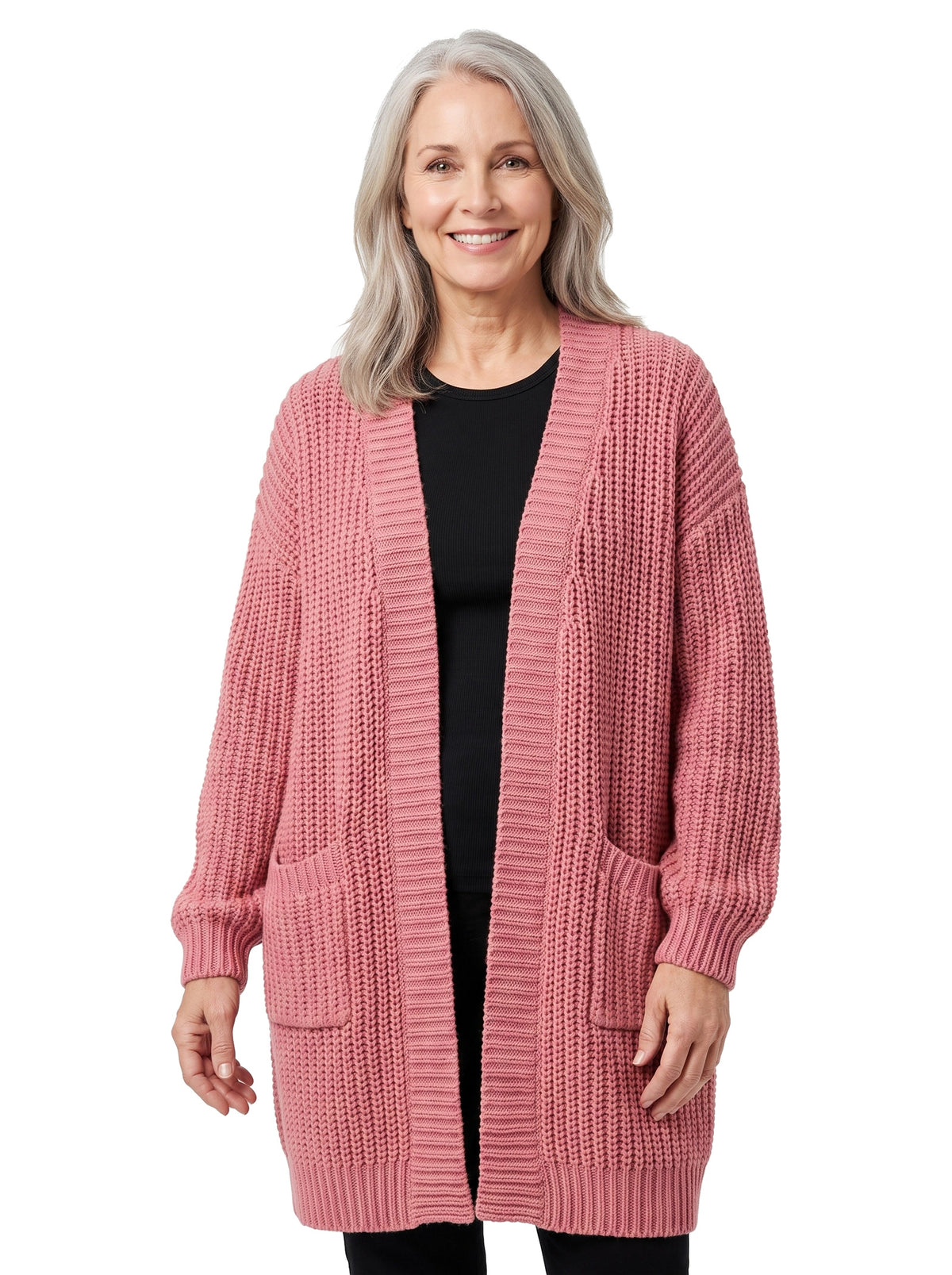Woman wearing the Winifred oversized chunky knit cardigan in dusty pink
