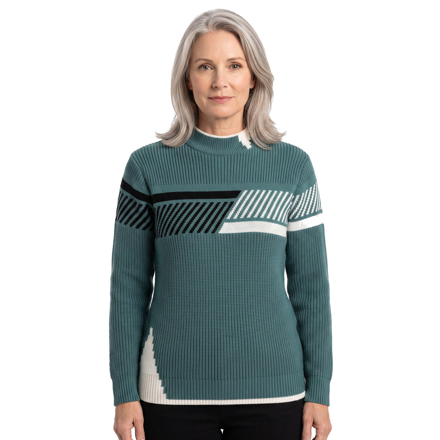 Zelda Women's Textured Colour-Block Sweater in teal, worn by a model on a white background