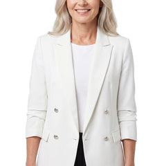 Woman wearing the Vera-Josephine white button-front blazer with notch lapel