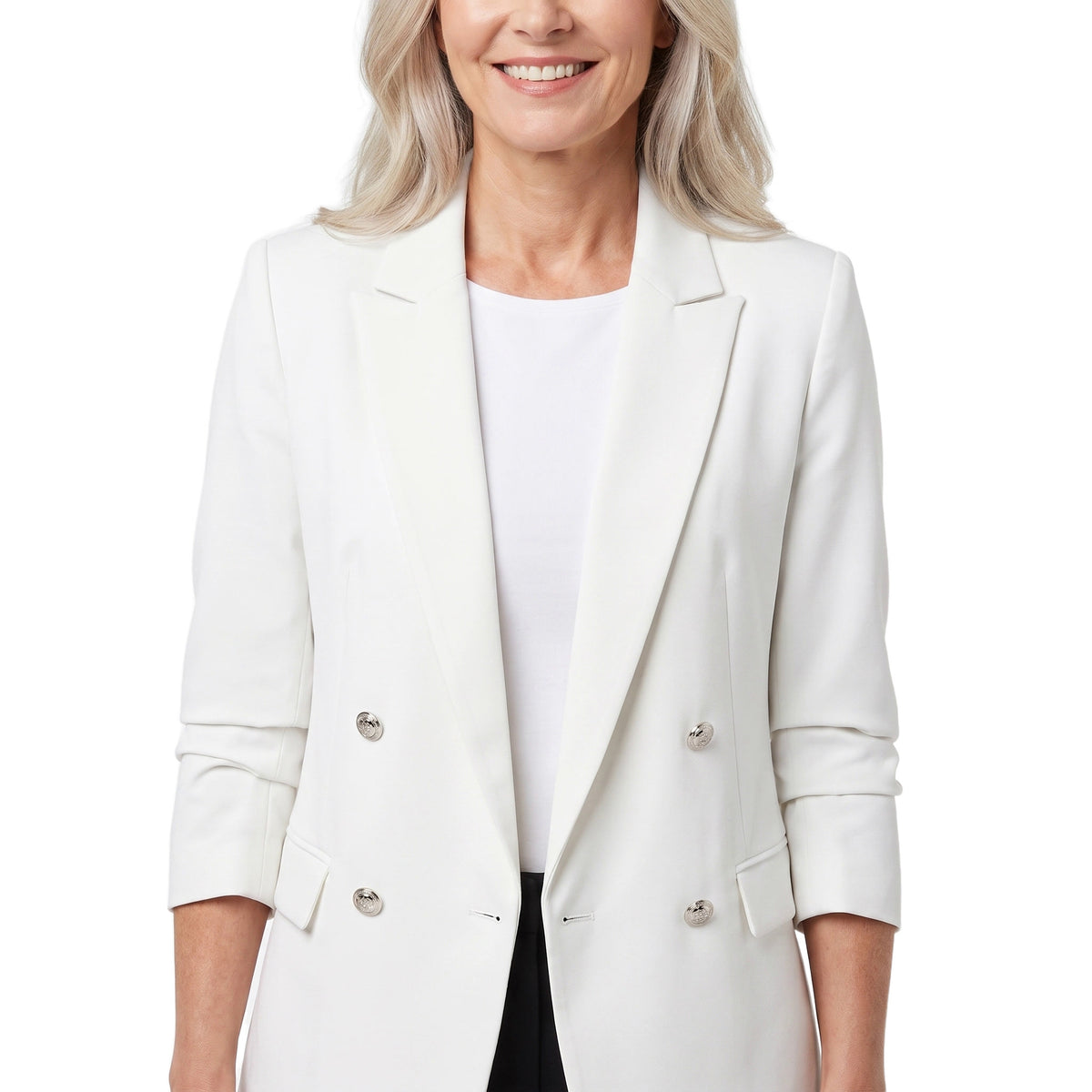 Woman wearing the Vera-Josephine white button-front blazer with notch lapel
