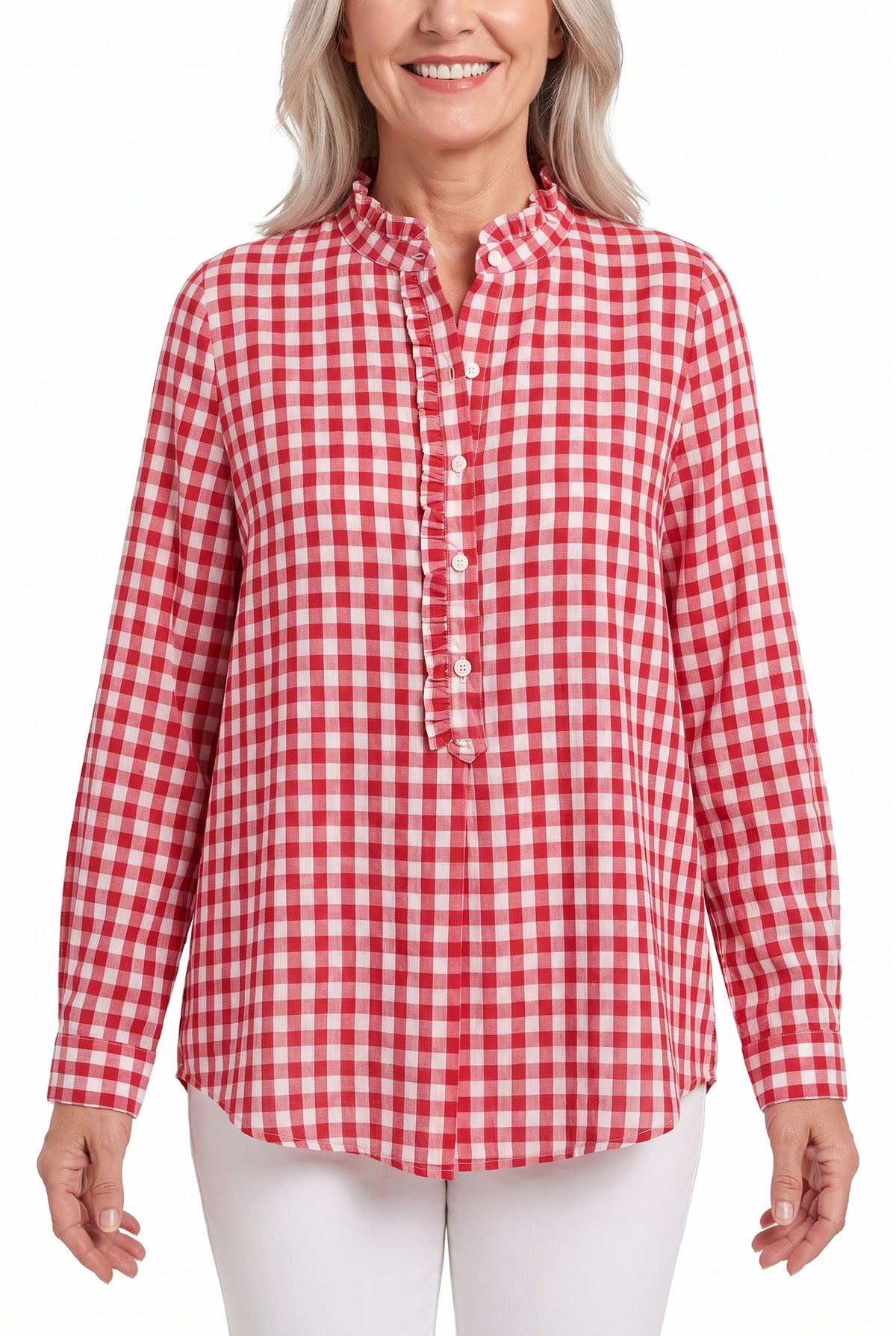 Flora-Tamara Women's Ruffled Collar Checked Print Blouse in red gingham