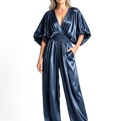 Rhea-Louisa Women's Pleated Satin Wide-Leg Jumpsuit in navy
