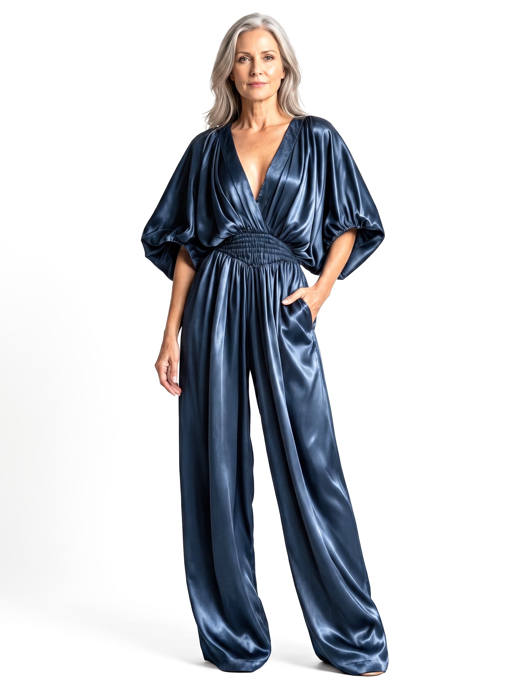 Rhea-Louisa Women's Pleated Satin Wide-Leg Jumpsuit in navy