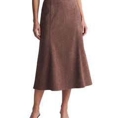 Coffee brown faux-suede zip-front A-line midi skirt on model, white studio background