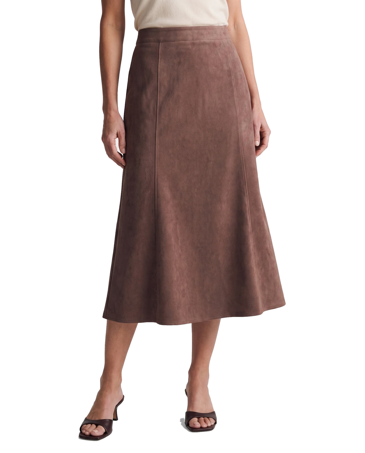Coffee brown faux-suede zip-front A-line midi skirt on model, white studio background