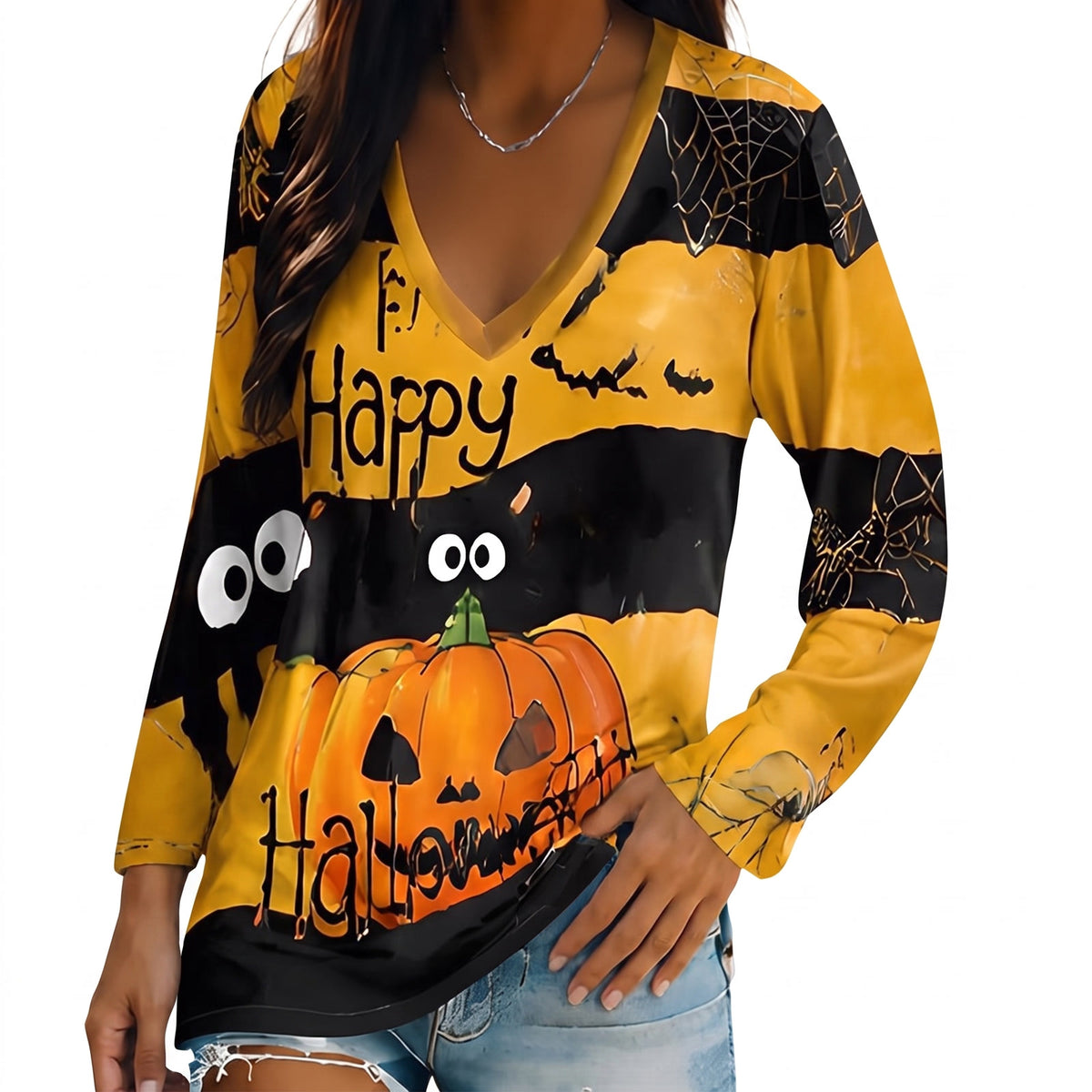 Eleanor-Lavinia Women's Halloween Graphic V-Neck Top