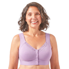 Woman wearing the Miriam-Joyce front-close wireless bra with wide shoulder straps in light purple