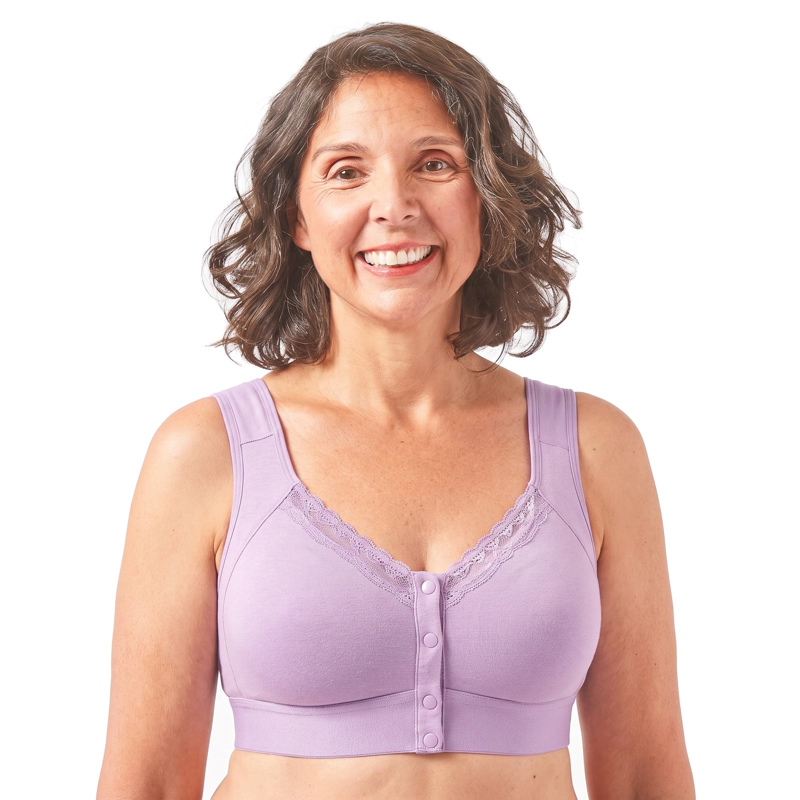 Woman wearing the Miriam-Joyce front-close wireless bra with wide shoulder straps in light purple