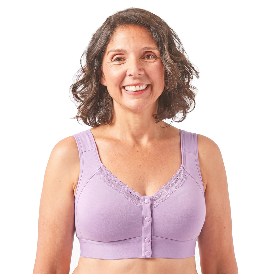 Woman wearing the Miriam-Joyce front-close wireless bra with wide shoulder straps in light purple