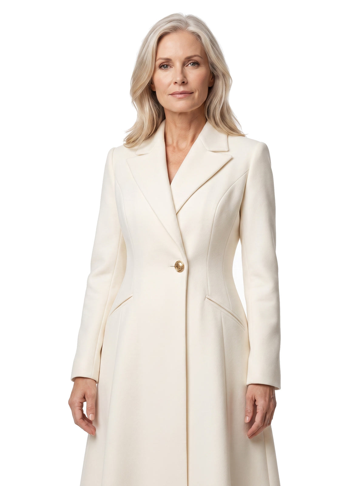 Erna Women's Notched Lapel Fit-and-Flare Maxi Coat in ivory