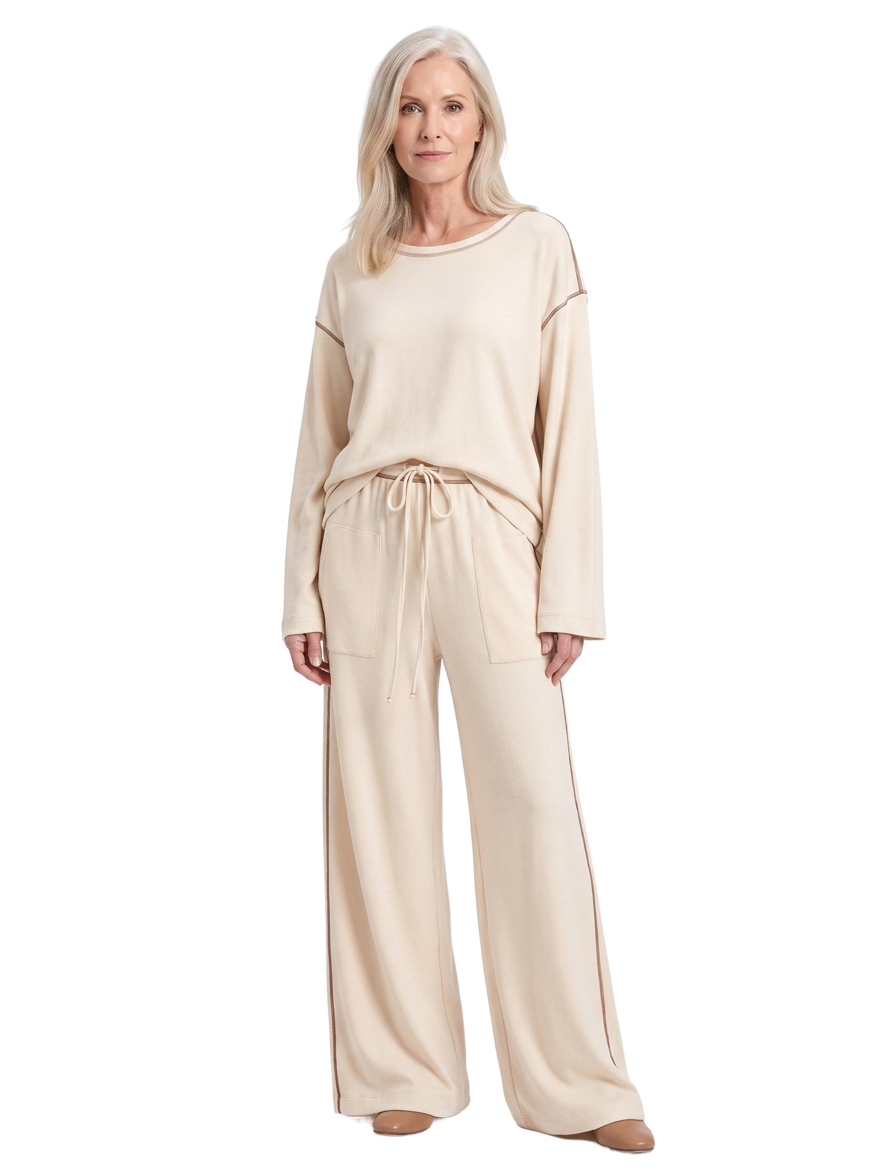 Daphne-Eugenia Women's Drawstring Wide-Leg Pants Set in off-white