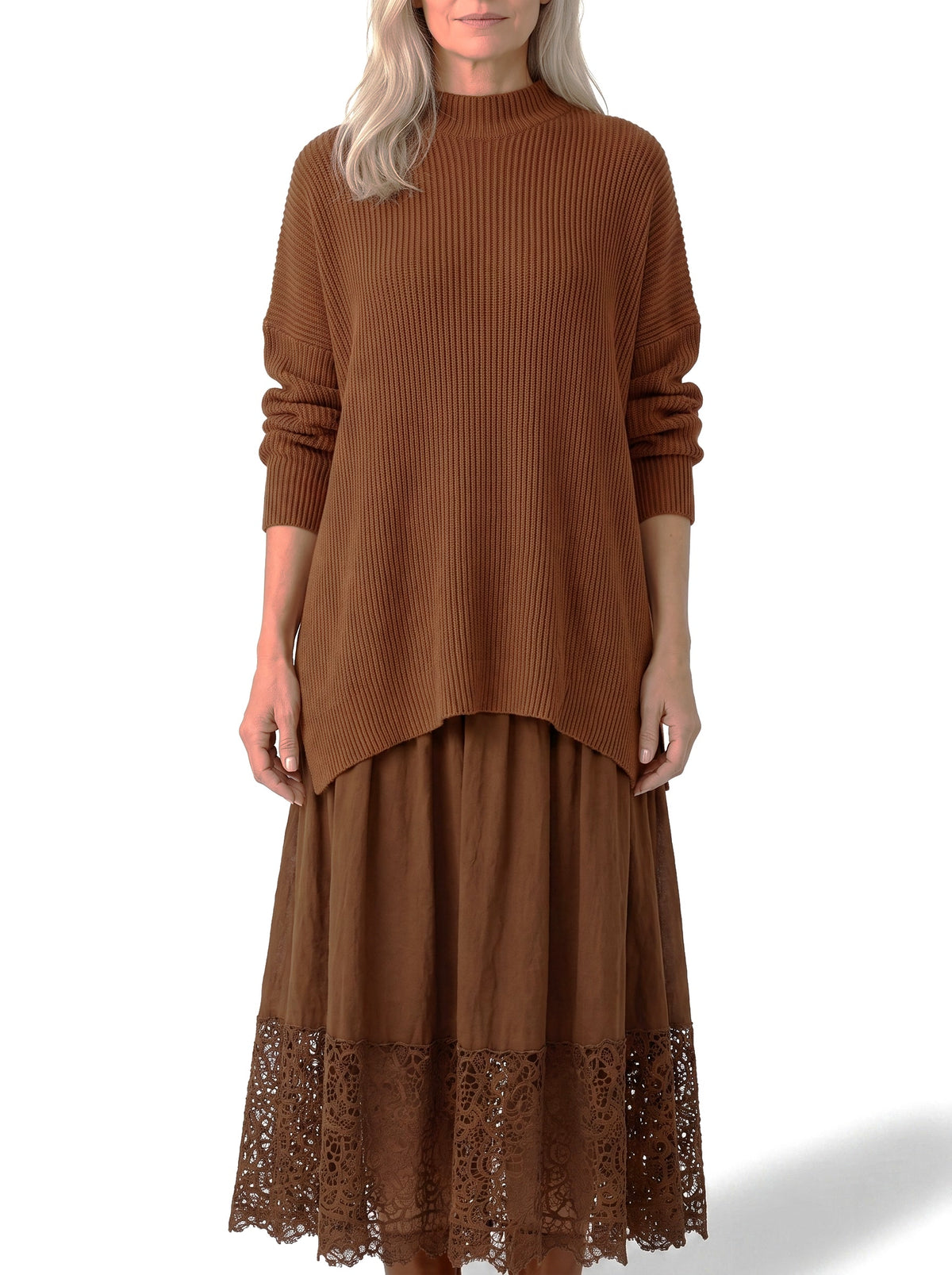 Irene-Penelope Women's Oversized Knit Lace-Hem Skirt Set in brown