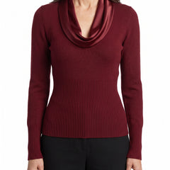 Women's satin drape-neck ribbed-waist knit top in urban red