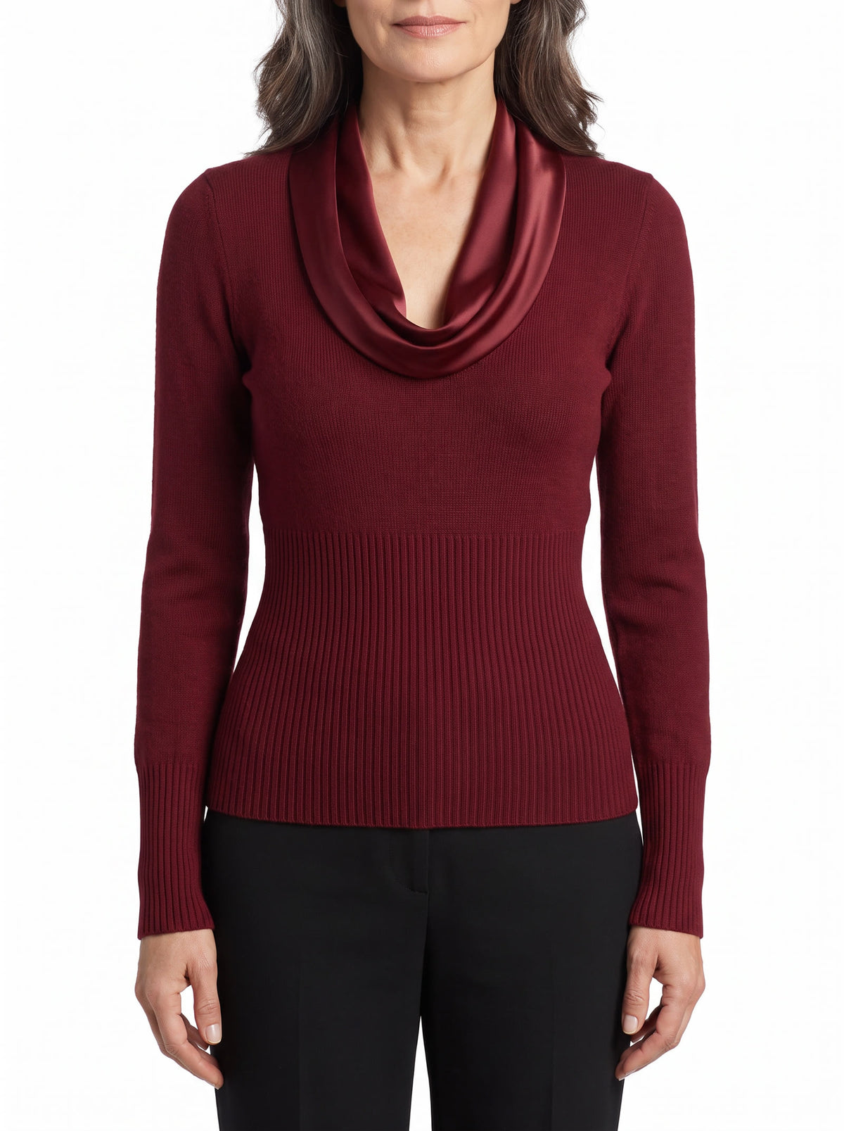 Women's satin drape-neck ribbed-waist knit top in urban red
