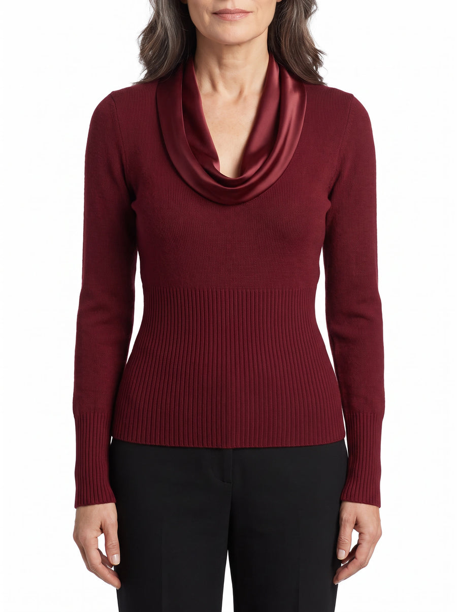 Women's satin drape-neck ribbed-waist knit top in urban red