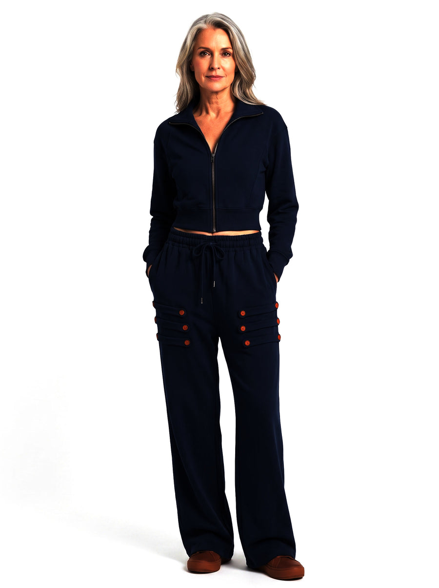 Helena-Lorraine Women's Zip-Up Hoodie and Button-Loop Pants Set in navy blue