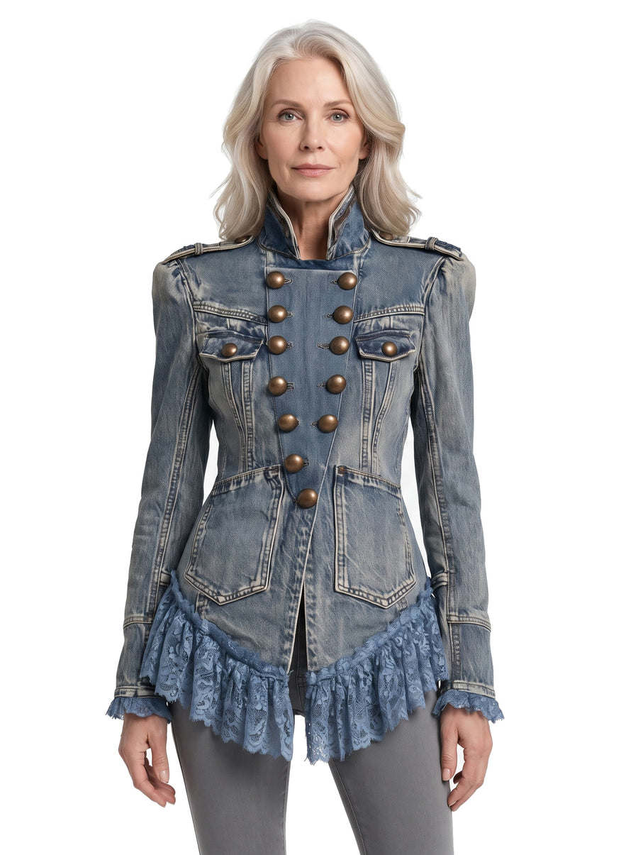 Sigrid-Stella Women's Lace Ruffled Faded Denim Jacket