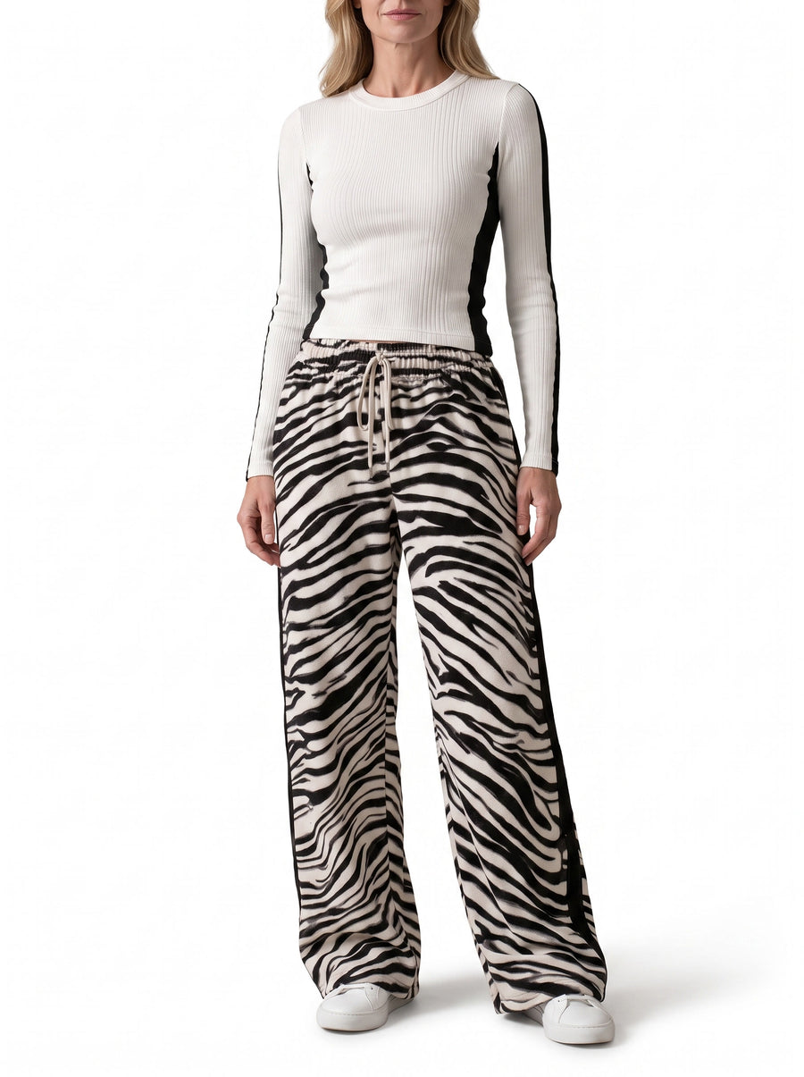 Ruth-Ophelia Women's Color-Block Knit Top and Zebra-Print Wide-Leg Trousers Set