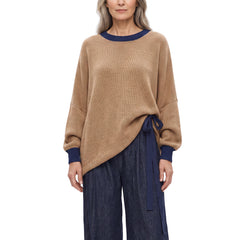 Pauline-Agnes women's camel contrast trim sweater and navy wide-leg pants set