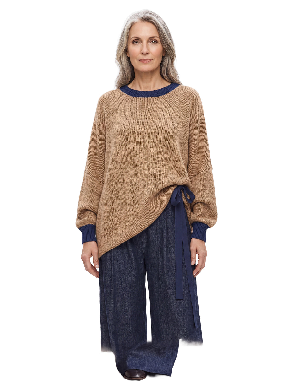 Pauline-Agnes women's camel contrast trim sweater and navy wide-leg pants set