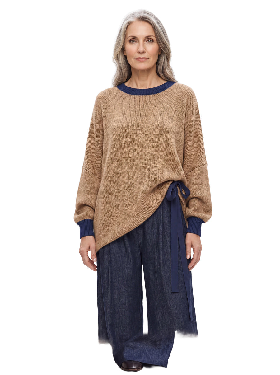 Pauline-Agnes women's camel contrast trim sweater and navy wide-leg pants set