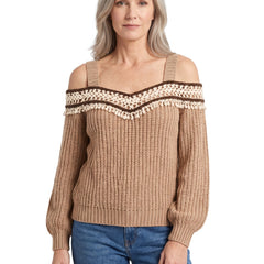 Woman wearing the Madeline-Sybil camel crochet trim off-shoulder sweater dress