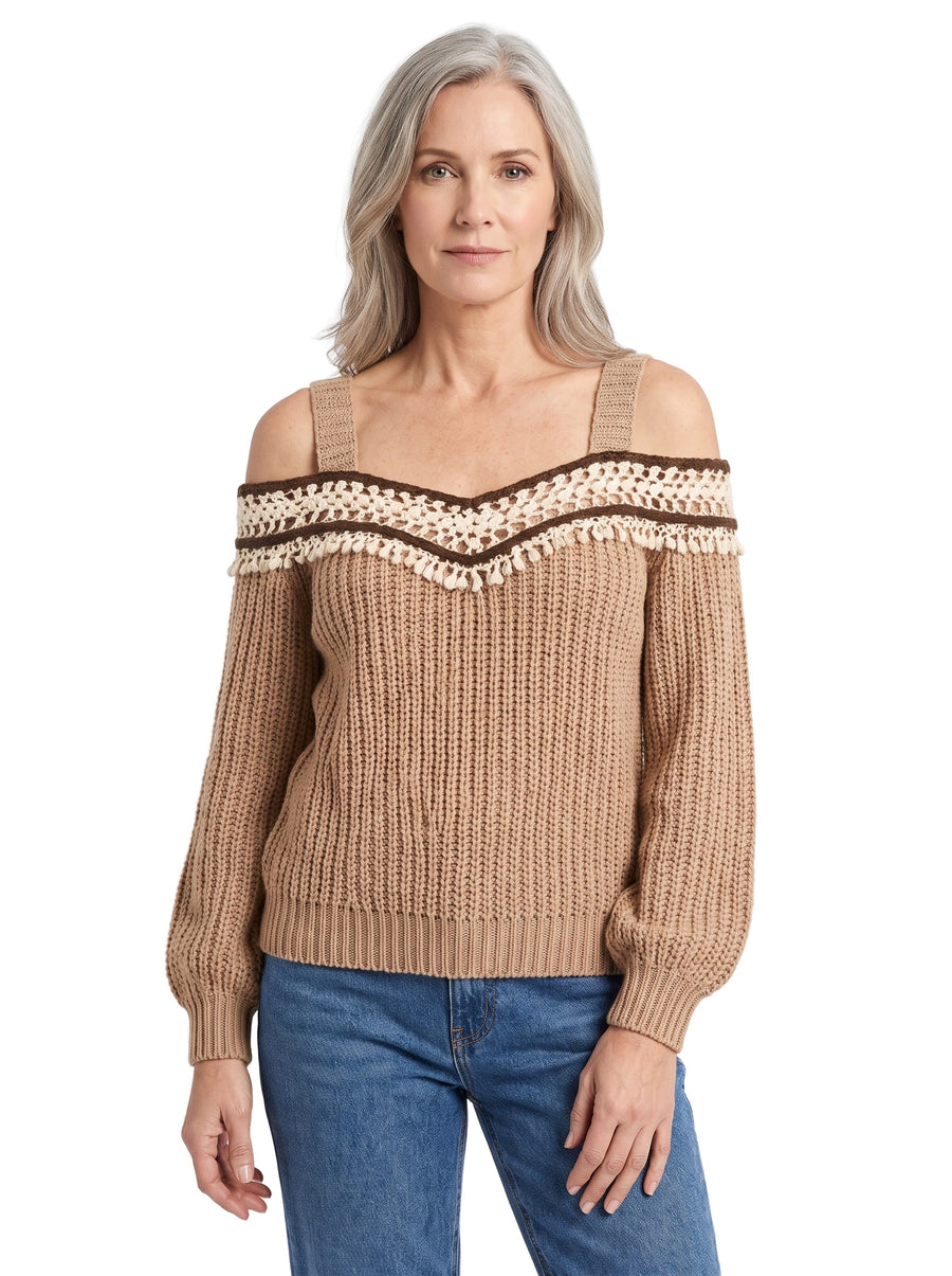 Woman wearing the Madeline-Sybil camel crochet trim off-shoulder sweater dress