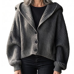 Agnes-Beatrix Women's Hooded Chunky-Ribbed Knit Cardigan in grey