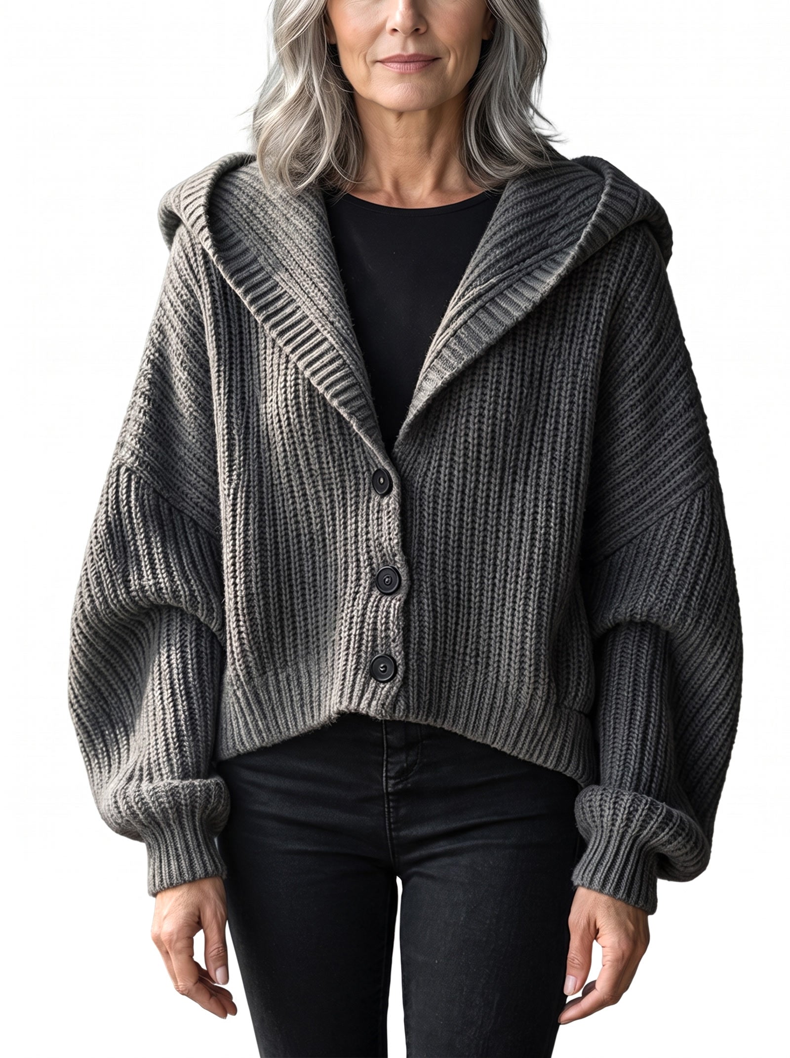 Agnes-Beatrix Women's Hooded Chunky-Ribbed Knit Cardigan in grey