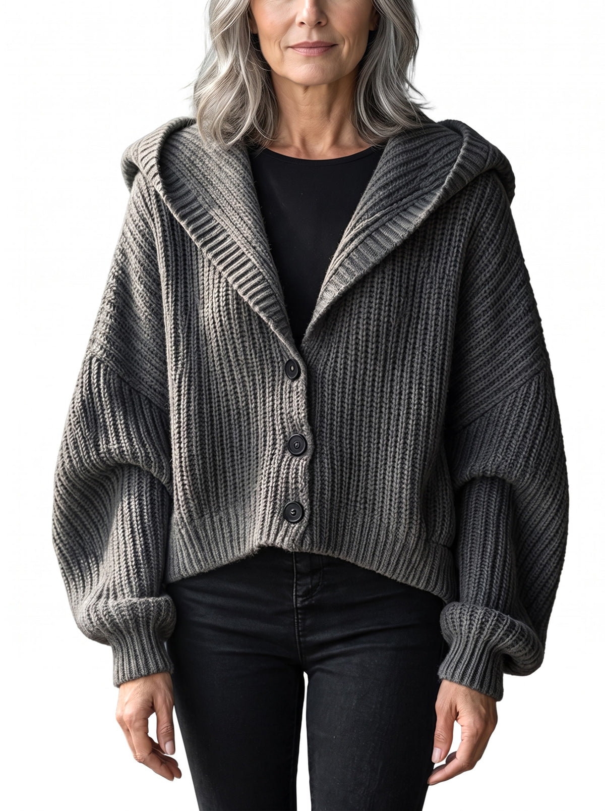 Agnes-Beatrix Women's Hooded Chunky-Ribbed Knit Cardigan in grey