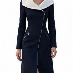 Women's navy contrast-collar zip-front coat dress