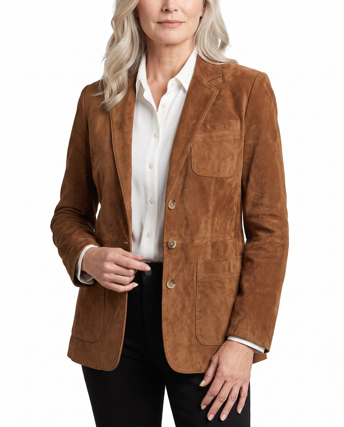 Lillian-Katharine Women's Soft Suede-Touch Blazer in cognac brown