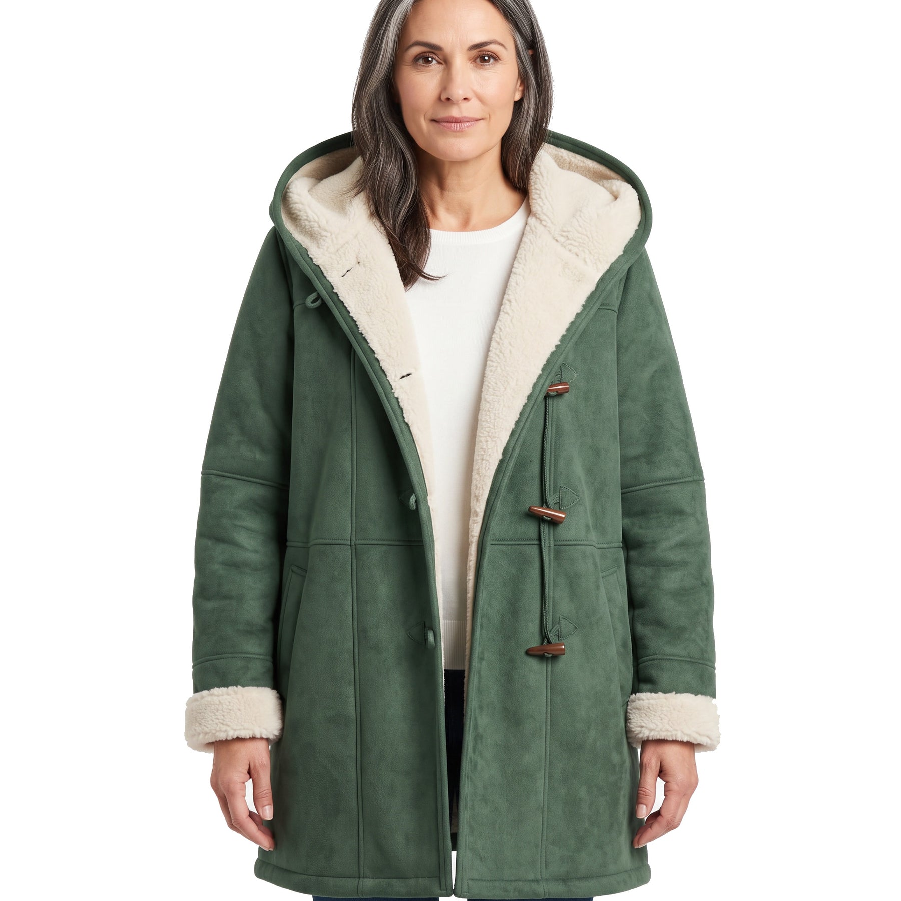 Women's hooded duffle peacoat with toggle buttons in green