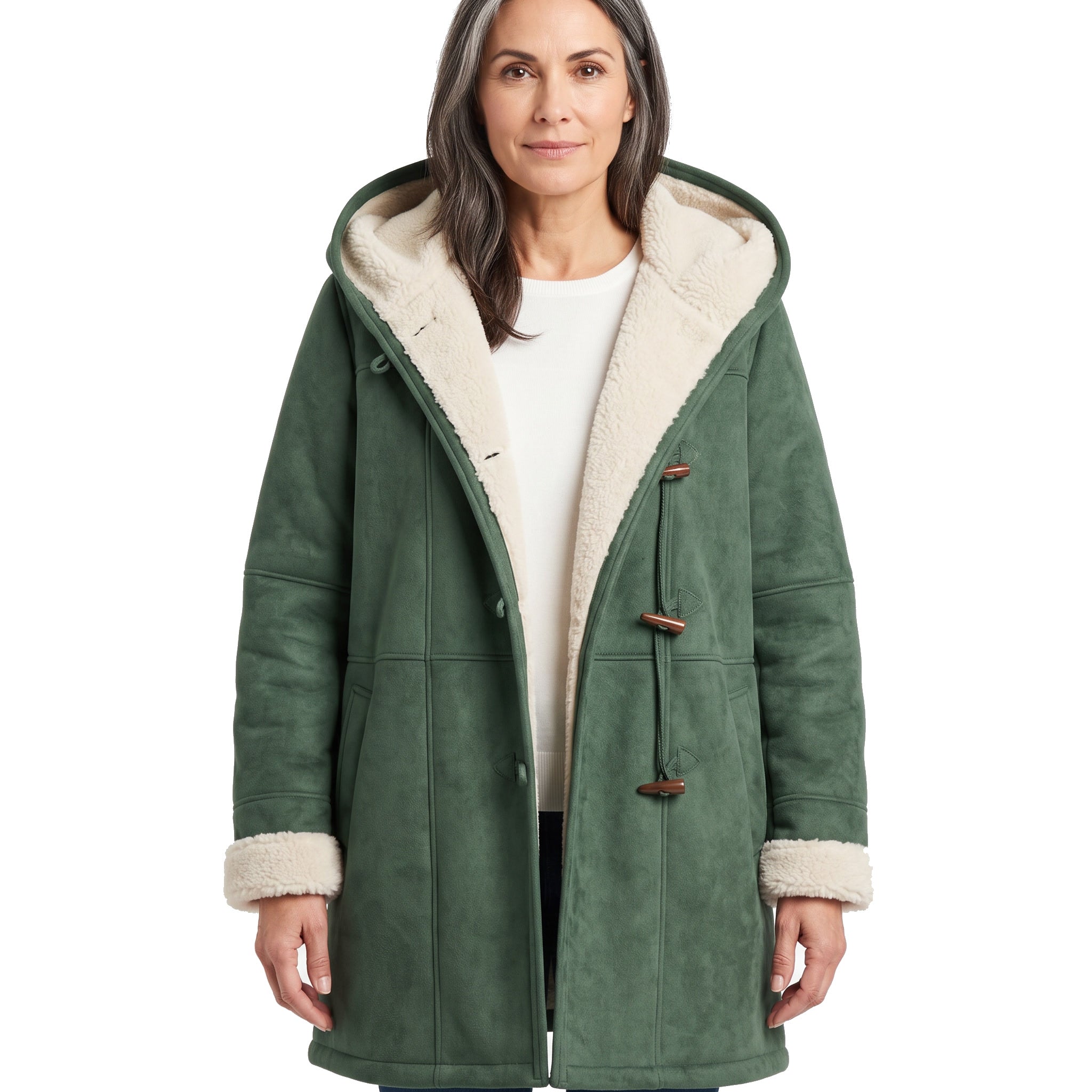 Women's hooded duffle peacoat with toggle buttons in green