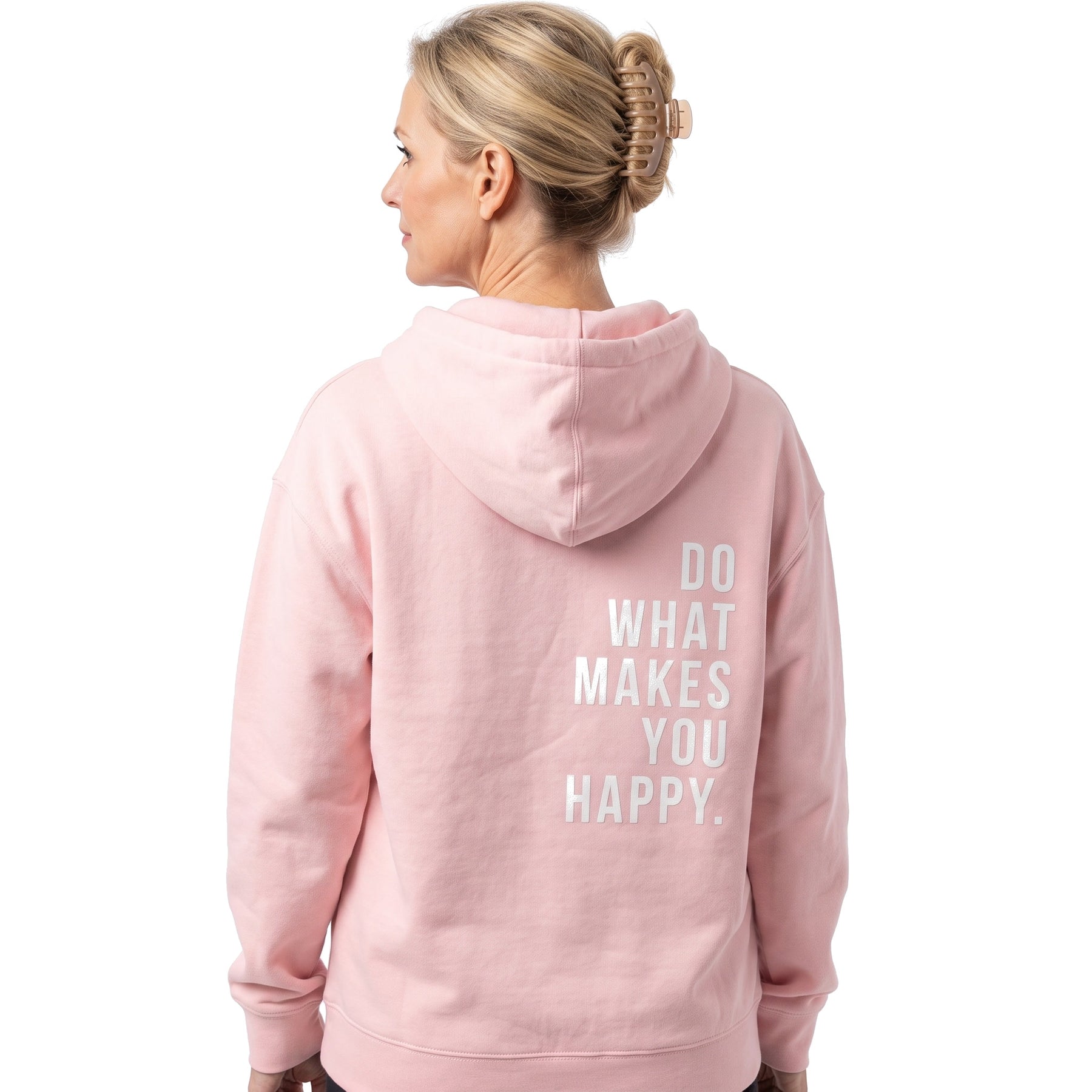 Opal-Renata women's oversized pink graphic hoodie with white DO WHAT MAKES YOU HAPPY back print